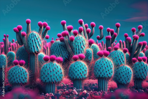 Blue Cactus in the desert background illustration. Unusual Pink Cactus Field On Turquoise Background. Generative AI