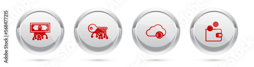 Set line Cryptocurrency bitcoin with circuit, key, cloud mining and wallet. Silver circle button. Vector