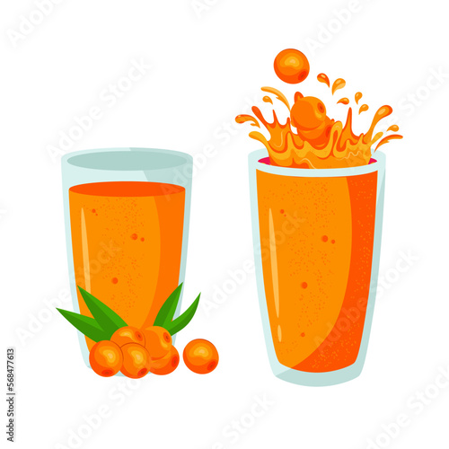 Sea buckthorn drink. Tea, tincture in a glass. Vector in the flat style. Set