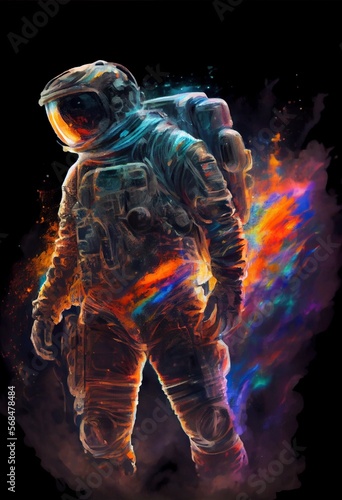 Generative AI illustration of impasto, sci-fi, full-length, whole body portrait,anime character, Space astronaut. Universal pedestrian painting. Full color , black background