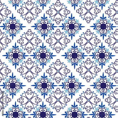 Blue tile pattern. Seamless ornament. Hand drawn curve and floral mosaic. Mediterranean or arabic ceramic. Print for textile, wrapping paper, wallpaper design. Oriental decor vector illustration