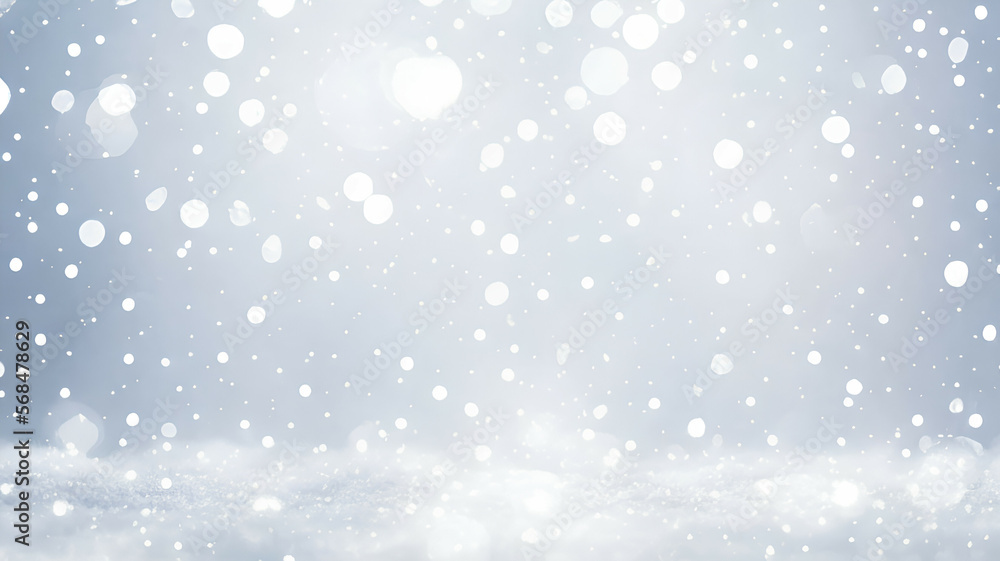 christmas winter snow illustration with beautiful light and snow flakes  on bokeh background with free copy space for banner format design, generative ai