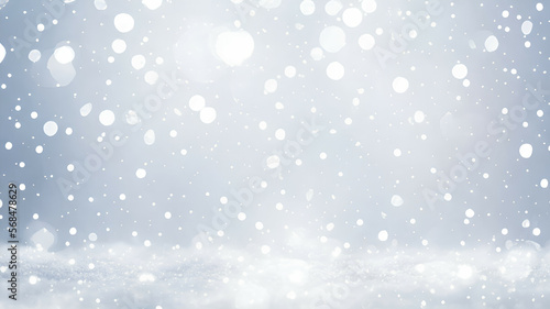 christmas winter snow illustration with beautiful light and snow flakes  on bokeh background with free copy space for banner format design, generative ai © strudel_art