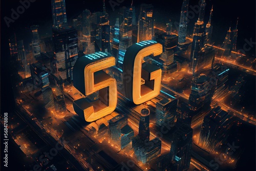 Generative AI illustration of futuristic city at night  5G internet network wireless systems and internet of things  smart city and communication network concept.