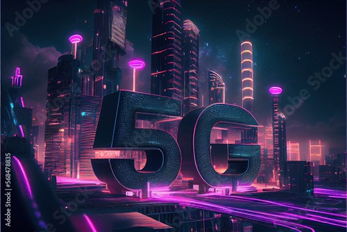 Generative AI illustration of futuristic city at night, 5G internet network wireless systems and internet of things, smart city and communication network concept.