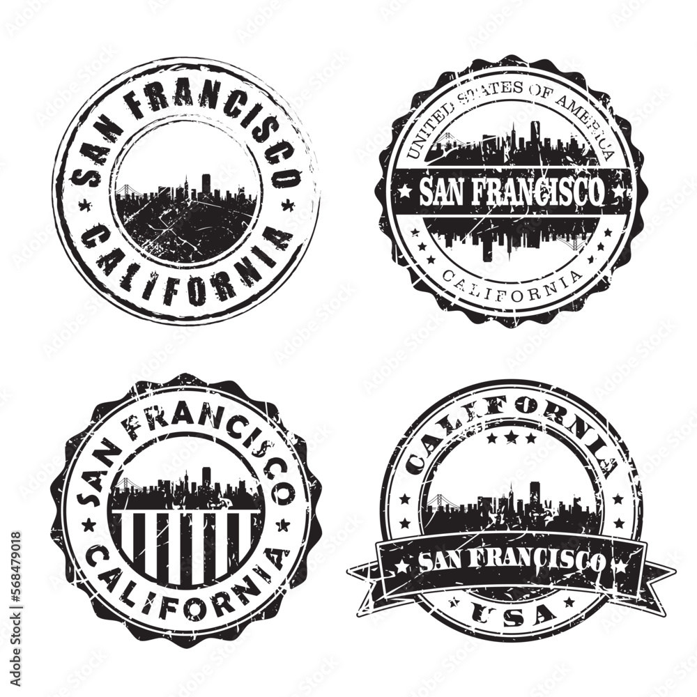 San Francisco California Stamp Skyline Postmark. Silhouette Postal Passport. City Round Vector Icon Set. Vintage Postage