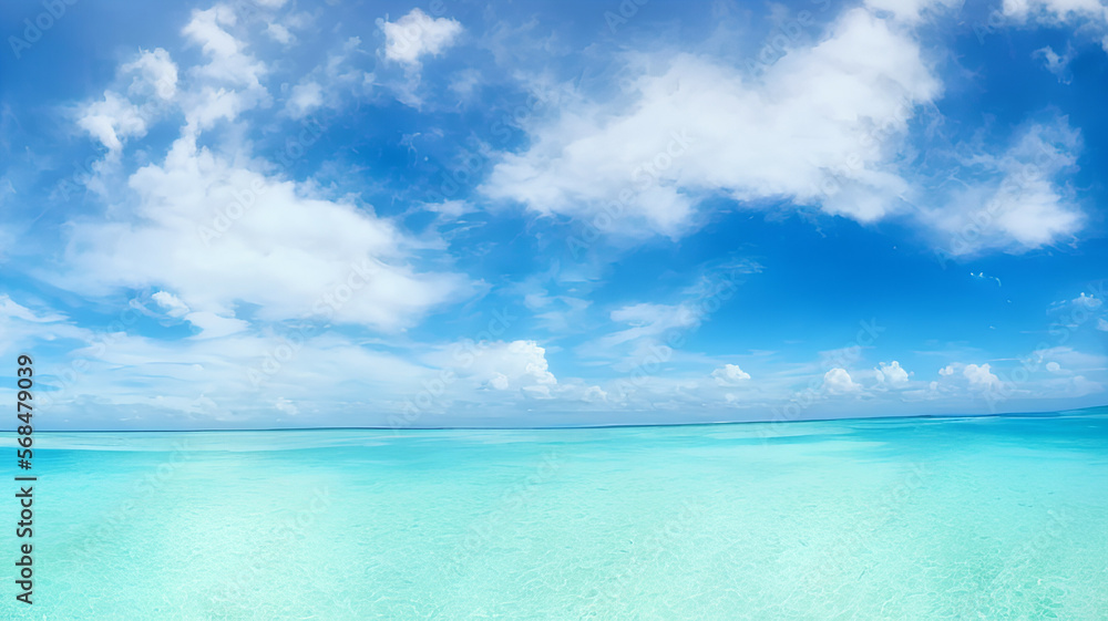 photorealistic panorama view illustration of idyllic beach with blue water and blue sky with white clouds during holiday season, generative ai