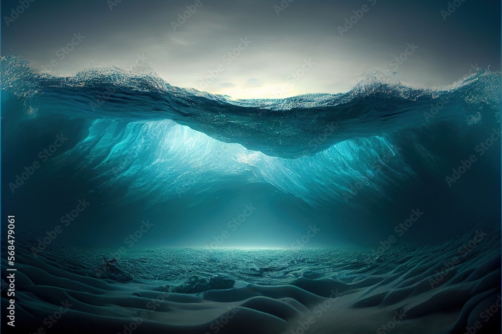 Generative AI illustration of Ocean depth. Underwater empty landscape ...