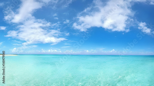 photorealistic panorama view illustration of idyllic beach with blue water and blue sky with white clouds during holiday season  generative ai