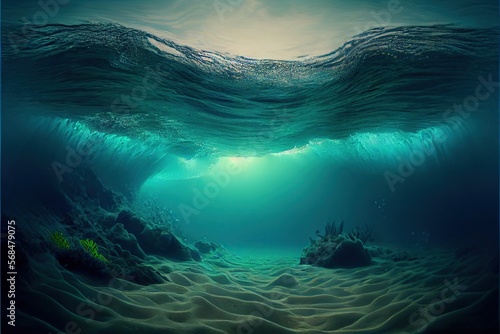 Generative AI illustration of Ocean depth. Underwater empty landscape, ocean bottom, sea wave