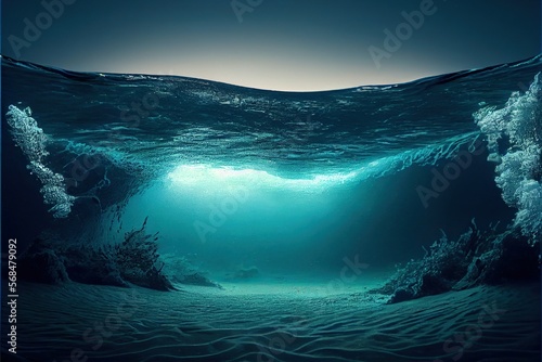 Generative AI illustration of Ocean depth. Underwater empty landscape, ocean bottom, sea wave © CravenA