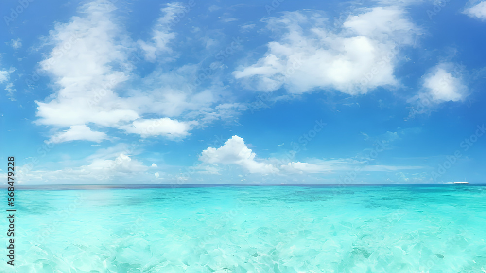 photorealistic panorama view illustration of idyllic beach with blue water and blue sky with white clouds during holiday season, generative ai