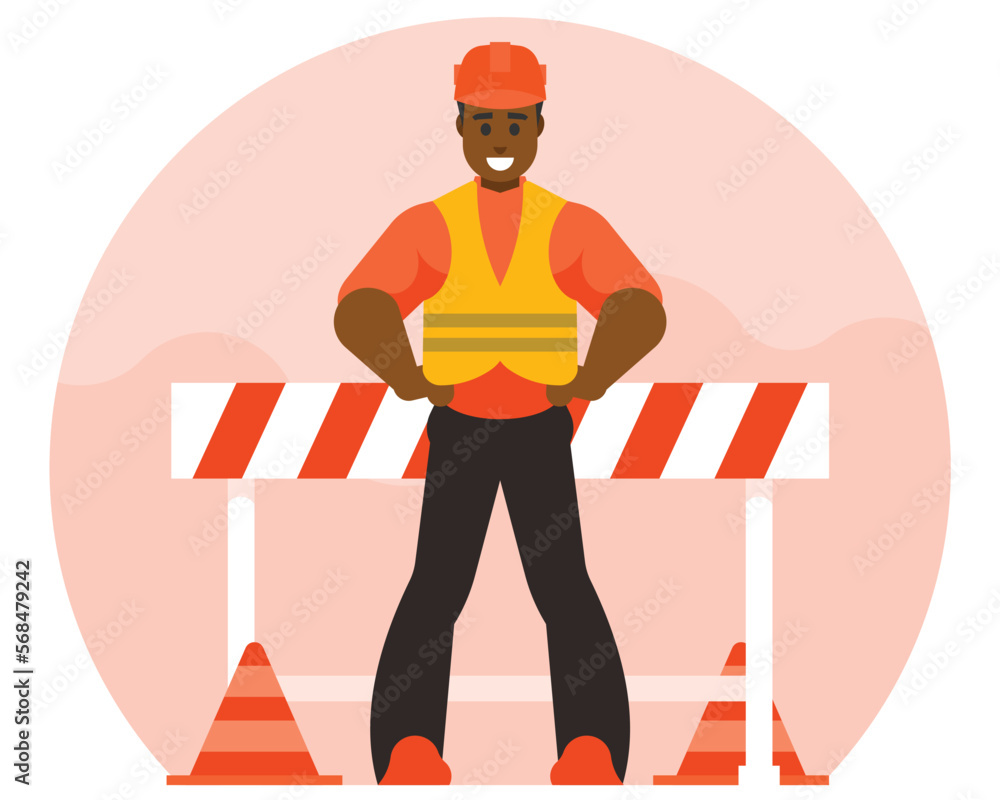 Website under construction. A builder engineer stands in a construction helmet against the background of a barrier. Vector graphics Website under construction. A builder engineer stands in a construction helmet against the background of a barrier. Vector graphics