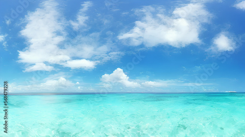 photorealistic panorama view illustration of idyllic beach with blue water and blue sky with white clouds during holiday season, generative ai © strudel_art