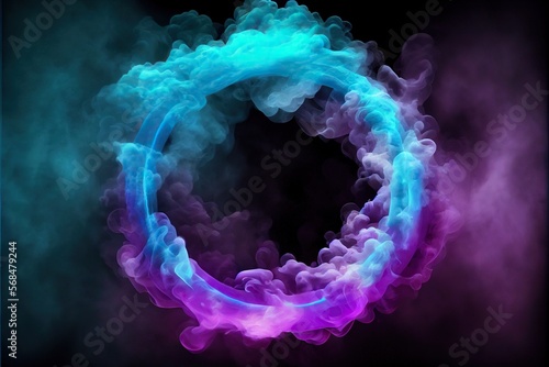 Generative AI illustration of neon smoke exploding outwards with empty center. Dramatic smoke or fog effect for spooky, hot lighting ring circle photo