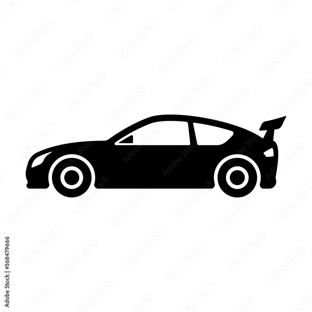 Sports car icon. Racing transport. Black silhouette. Side view. Vector simple flat graphic illustration. Isolated object on a white background. Isolate.