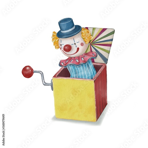 Watercolor painting of a clown toy in a cute music box. hand-painted white background. photo