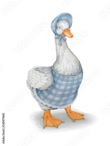 Watercolor painting of a duck wearing a cute vintage-style dress. hand-painted white background.
