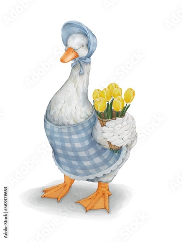 Watercolor painting of a duck wearing a vintage-style dress and holding a bouquet in a cute style. hand-painted white background.