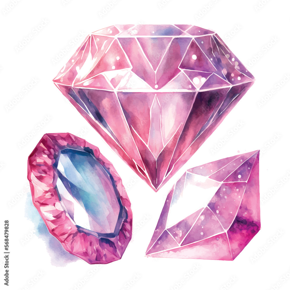 Purple pink diamond rock jewelry mineral. Isolated illustration element. Geometric quartz polygon crystal stone mosaic shape amethyst gem.