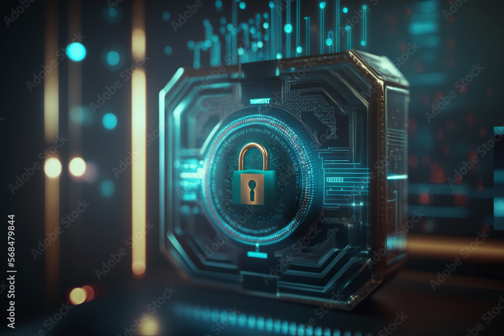 Cyber security concept and digital data protection with a locker in a blue background created with a generative ai technology Cyber security concept and digital data protection with a locker in a blue background created with a generative ai technology