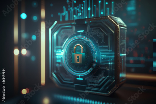 Cyber security concept and digital data protection with a locker in a blue background created with a generative ai technology