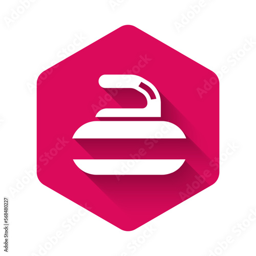 White Stone for curling sport game icon isolated with long shadow. Sport equipment. Pink hexagon button. Vector