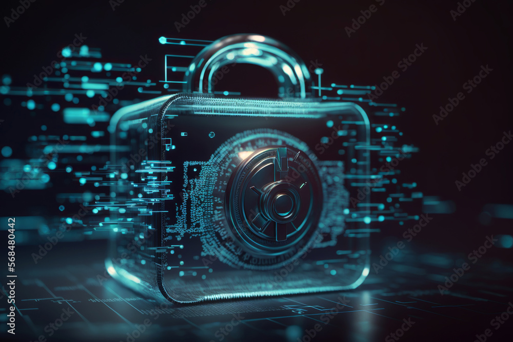 Cyber security concept and digital data protection with a locker in a blue background created with a generative ai technology Cyber security concept and digital data protection with a locker in a blue background created with a generative ai technology