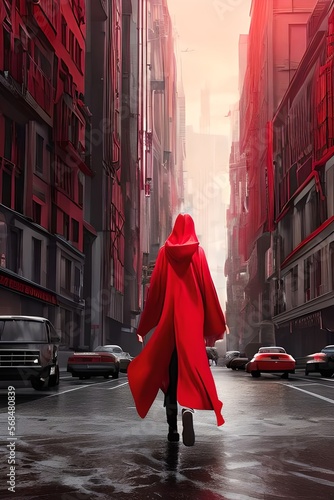 A girl in a long red raincoat is walking along an empty street. Fantasy, cyberpunk Generative AI