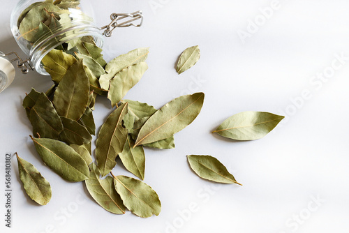 Mucchio di foglie di alloro secche isolato su sfondo bianco. Foglie di alloro. Copia spazio. photo