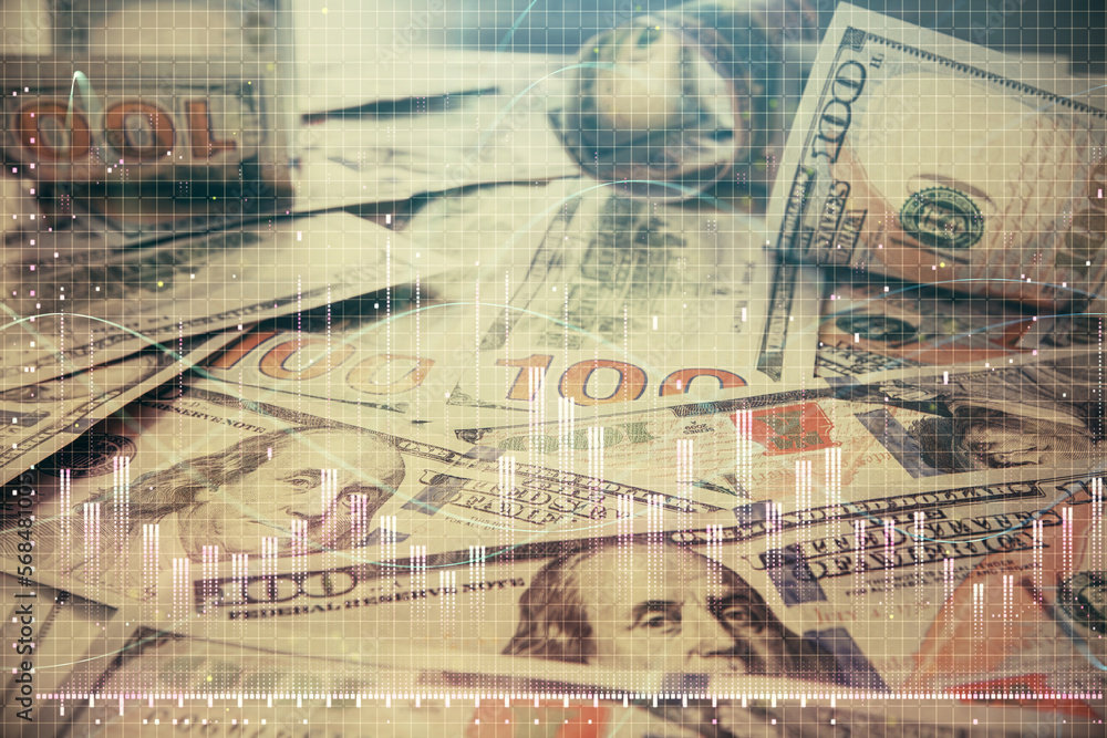 Multi exposure of forex chart drawing over us dollars bill background. Concept of financial success markets. Multi exposure of forex chart drawing over us dollars bill background. Concept of financial success markets.