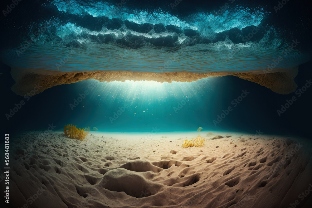 underwater image of the ocean bottom with sand. Generative AI