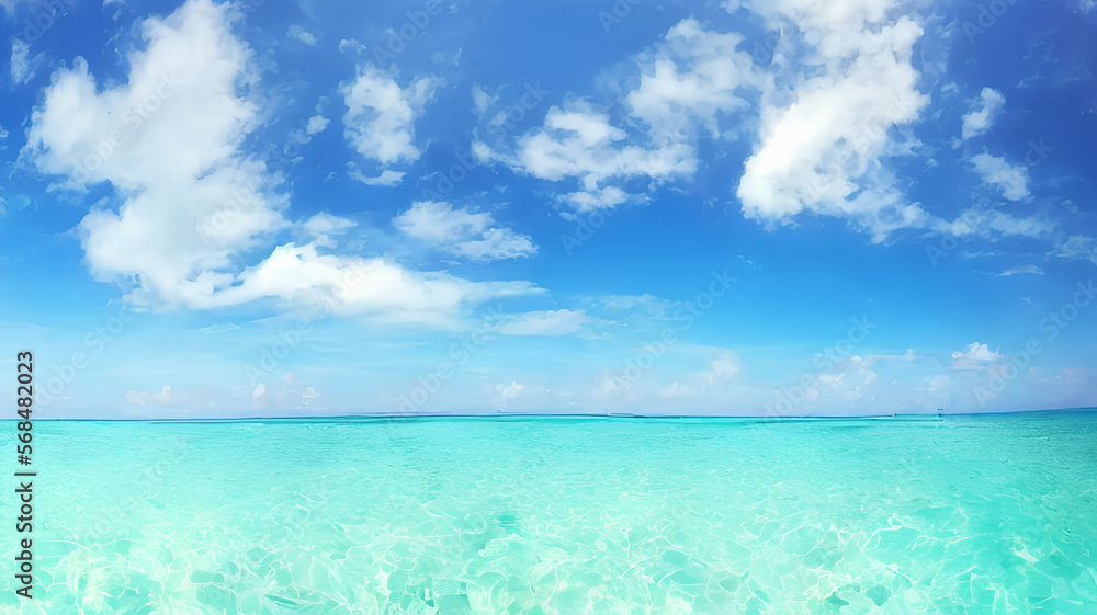 Obraz premium photorealistic panorama view illustration of idyllic beach with blue water and blue sky with white clouds during holiday season, generative ai