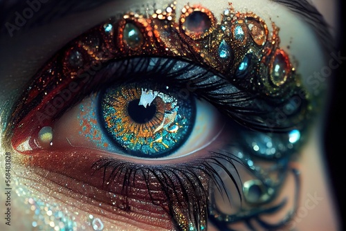 Generative AI illustration of beautiful female eyes with carnival glass sparkly eyeshadow. Close focus. © CravenA
