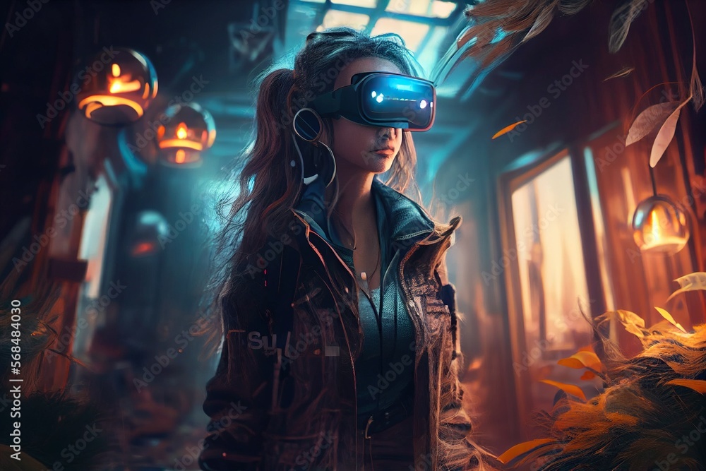 Generative AI illustration of an enthusiastic young women wearing virtual reality goggles is inside the metaverse. Metaverse concept and virtual world elements