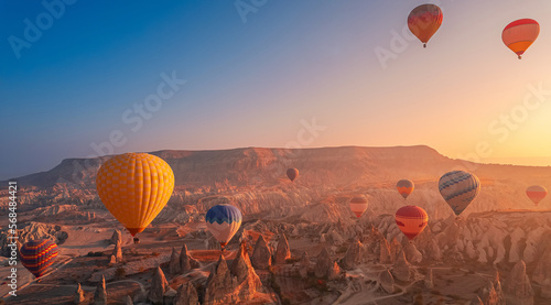 Romantic banner, colorful hot air balloons fly background sunrise. Pink and blue color of sky, copy space