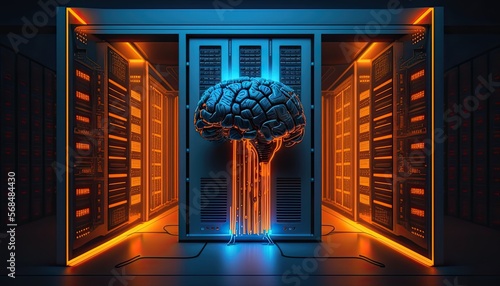 brain in center of data center room , AI server , Generated by Midjourney AI