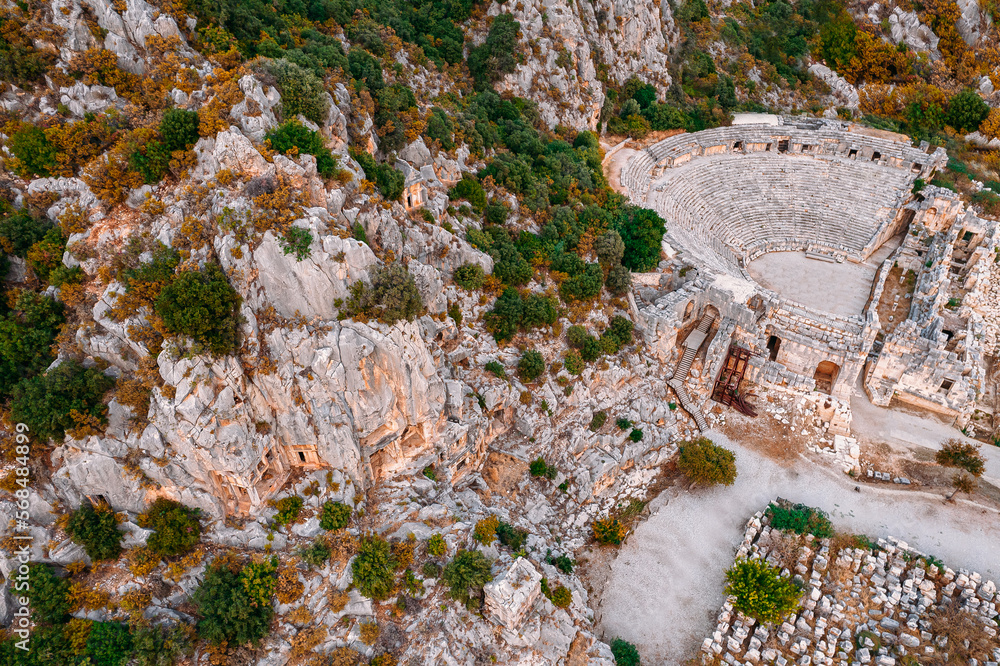 Ruins Myra Ancient City in Demre Antalya, Turkey Aerial Top view. Old amphitheater photo by drone