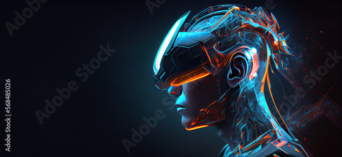 Generative AI illustration of Metaverse concept and virtual world elements. Side view of human face in augmented or virtual reality headset inside the metaverse