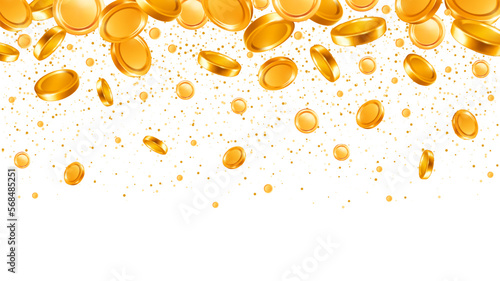 Golden rain of a lot of gold coins. Money flying and falling from the top. Luxury design element for business, finance etc. Isolated on transparent background. Vector realistic 3d illustration