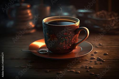 A vintage coffee cup on the table with sunrise lighting. Leisure coffee time. Morning breakfast coffee. Generative AI.