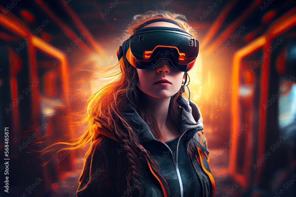 Generative AI illustration of an enthusiastic young women wearing virtual reality goggles is inside the metaverse. Metaverse concept and virtual world elements Generative AI illustration of an enthusiastic young women wearing virtual reality goggles is inside the metaverse. Metaverse concept and virtual world elements