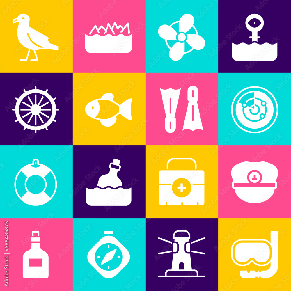 Set Diving mask and snorkel, Captain hat, Radar with targets, Boat propeller, Fish, Ship steering wheel, Bird seagull and Flippers for swimming icon. Vector Set Diving mask and snorkel, Captain hat, Radar with targets, Boat propeller, Fish, Ship steering wheel, Bird seagull and Flippers for swimming icon. Vector
