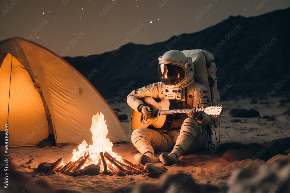 Astronaut playing guitar in the evening near campfire and tent on alien planet, practicing music, lifestyle and journey concept, ai generated art - obrazy, fototapety, plakaty 