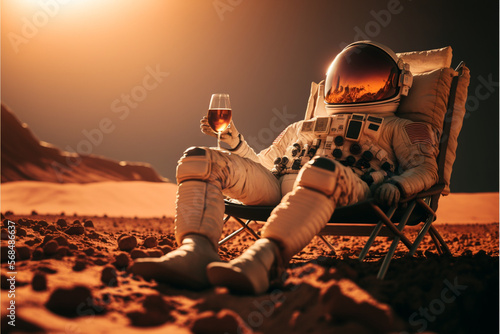 Obraz na płótnie An astronaut sits on a chair and basks under the rays of a bright star while dri