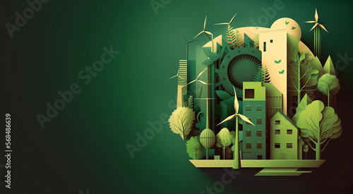 Sustainable green city, eco-city vector illustration. ESG - Environmental Social Governance illustration. Generative AI.   photo