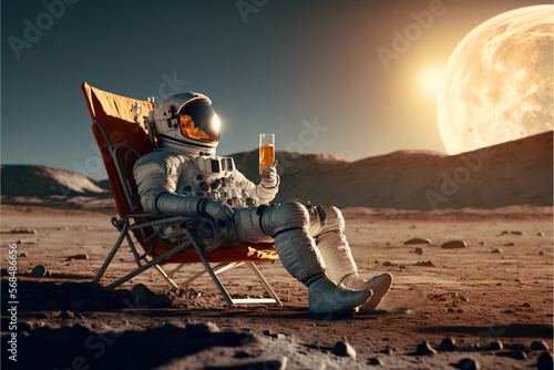 Fototapete An astronaut sits on a chair and basks under the rays of a bright star while dri