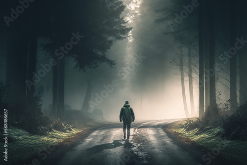 The man is walking along the forest road created with Generative AI technology
