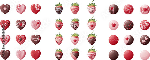 Set of strawberries in chocolate glaze, eart shaped chocolate candy on an isolated background. Sweets for Valentine s Day with delicious icing and decorations. Vector icons, stickers. photo