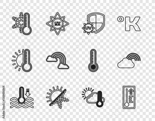 Set line Water thermometer, Meteorology, UV protection, Sun and snowflake, Thermometer with, Rainbow clouds, cloud, sun and icon. Vector